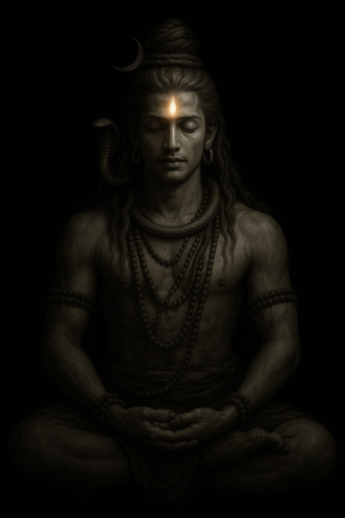 Lord Shiva Wallpaper in Black Lord Shiva in Trance – A meditative pose with glowing third eye in 4K black background.