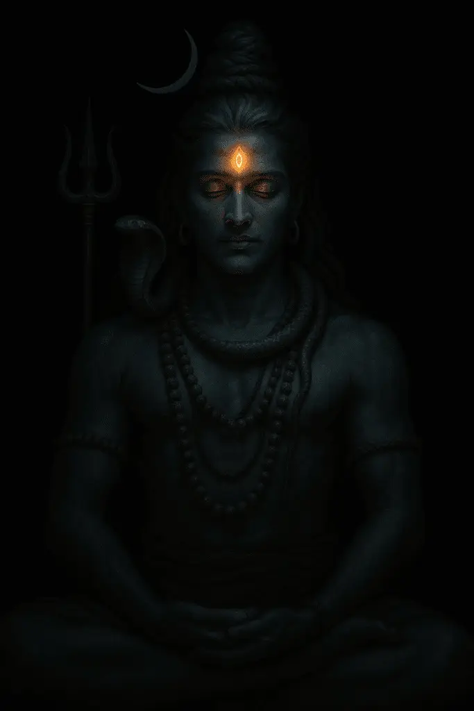 Lord Shiva Wallpaper in Black Lord Shiva in Trance – A meditative pose with glowing third eye in 4K black background.