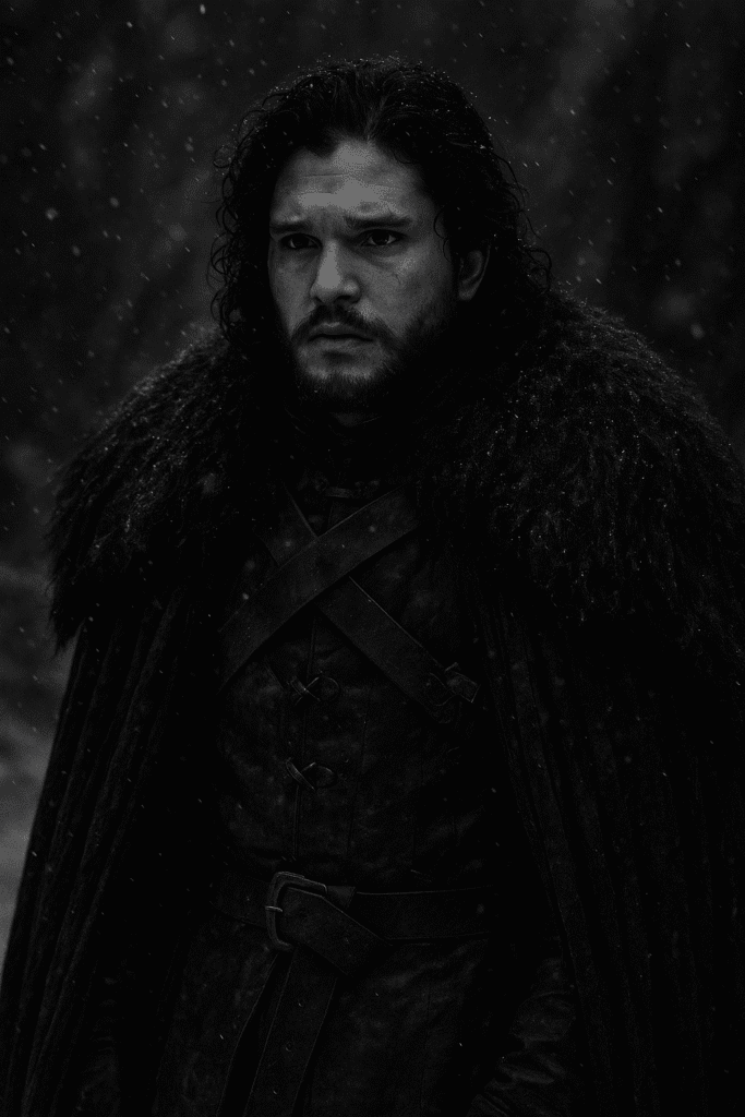 20250517_1512_Snowy Stark Shadows_simple_compose_01jvesxghsezjbzhxqaxpv6t4r Jon Snow in the North – Surrounded by snow and shadows, ideal for lovers of Stark.