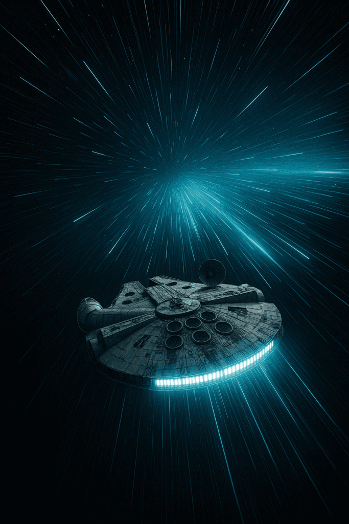 Millennium Falcon in Hyperspace Images Millennium Falcon in Hyperspace – Black fades into galactic light streaks.