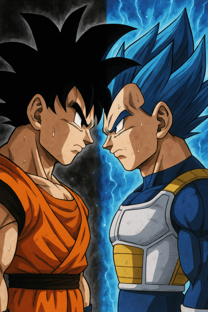 Goku and Vegeta Face-Off Wallpaper Goku and Vegeta Face-Off – Half black, half blue power field.