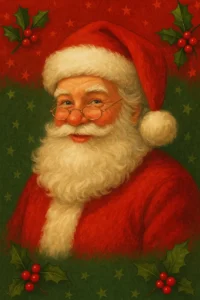 Christmas wallpaper featuring a traditional Santa Claus with a red hat, white beard, and glasses, set against a festive red and green background decorated with holly and stars.
