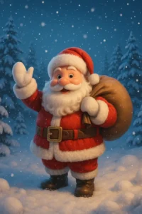 Christmas wallpaper featuring Santa Claus in a snowy forest, wearing his red suit and hat, holding a large sack of gifts, and waving cheerfully under falling snow.