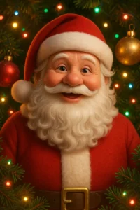 Christmas wallpaper featuring Santa Claus in a snowy forest, wearing his red suit and hat, holding a large sack of gifts, and waving cheerfully under falling snow.