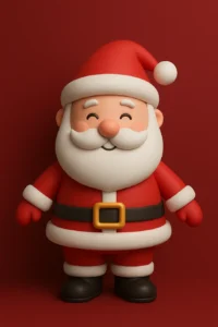 Christmas wallpaper featuring Santa Claus in a snowy forest, wearing his red suit and hat, holding a large sack of gifts, and waving cheerfully under falling snow.