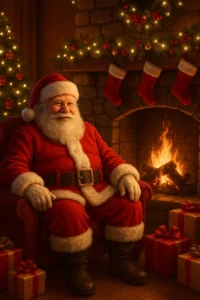 Cozy Fireplace Scene Christmas wallpaper featuring Santa Claus in a snowy forest, wearing his red suit and hat, holding a large sack of gifts, and waving cheerfully under falling snow.