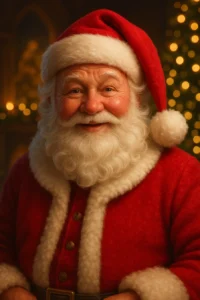 Minimalist or Spiritual Design Christmas wallpaper featuring Santa Claus in a snowy forest, wearing his red suit and hat, holding a large sack of gifts, and waving cheerfully under falling snow.