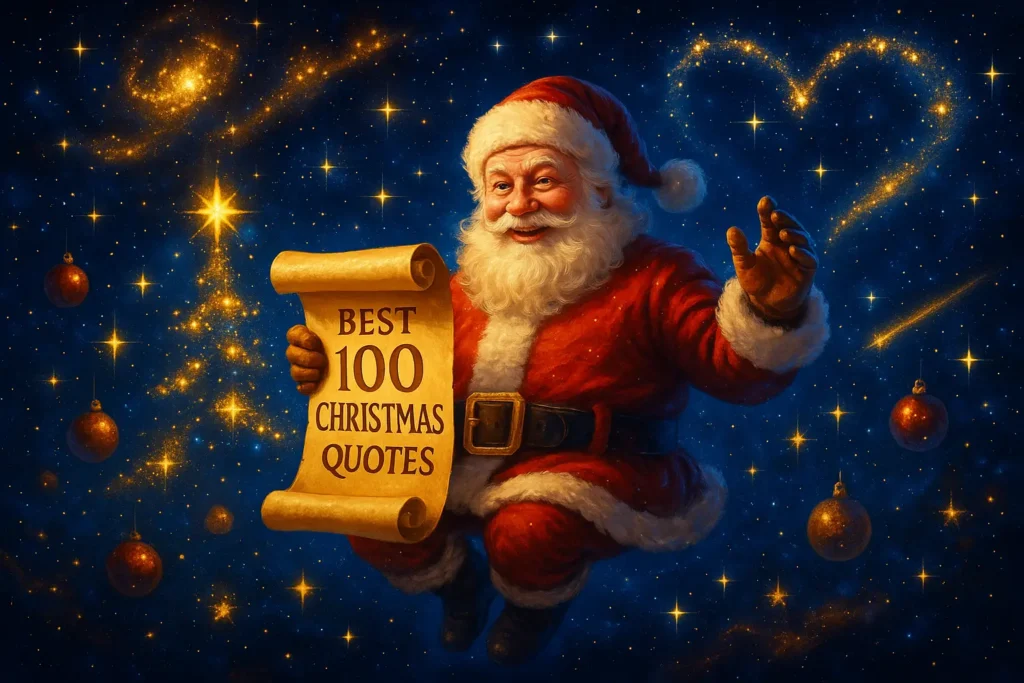 A stunning 4K HD thumbnail in a universe theme featuring Santa Claus floating among glowing stars, galaxies, and cosmic lights. The scene should feel magical and inspirational, blending Christmas elements like twinkling ornaments, a glowing Christmas tree silhouette, and shooting stars forming the shape of a heart. Santa should be smiling warmly, holding a scroll that represents 'Best 100 Christmas Quotes.' The overall vibe should be uplifting, festive, and cosmic, with vibrant colors like deep blue, gold, and red. Aspect ratio 3:2.