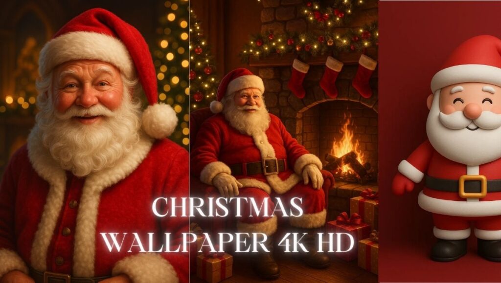 Best Christmas Wallpaper Ideas to Brighten Your Holiday Season featuring Santa Claus in a snowy forest, wearing his red suit and hat, holding a large sack of gifts, and waving cheerfully under falling snow.