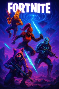 Fortnite wallpaper featuring four characters in neon colors, including Peely, Red Knight, Skull Trooper, and Lynx, all posed with glowing weapons against a stormy purple and blue sky with floating islands.