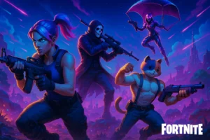Fortnite wallpaper featuring four characters in neon colors, including Peely, Red Knight, Skull Trooper, and Lynx, all posed with glowing weapons against a stormy purple and blue sky with floating islands.