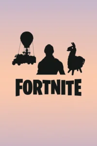 Minimalist Fortnite wallpaper with black silhouettes of a supply drop, a character, and a loot llama above the Fortnite logo on a soft gradient background of pink and beige.