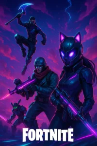 Fortnite wallpaper showing a team of characters in battle, including Skull Trooper, Cuddle Team Leader, and Brite Bomber, armed with weapons and standing in a glowing purple and pink forest with enemies in the distance.