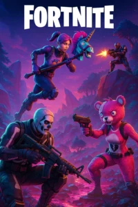 Fortnite wallpaper showing a team of characters in battle, including Skull Trooper, Cuddle Team Leader, and Brite Bomber, armed with weapons and standing in a glowing purple and pink forest with enemies in the distance.