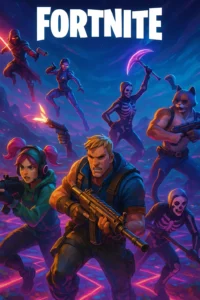 Fortnite wallpaper showing a team of characters in battle, including Skull Trooper, Cuddle Team Leader, and Brite Bomber, armed with weapons and standing in a glowing purple and pink forest with enemies in the distance.