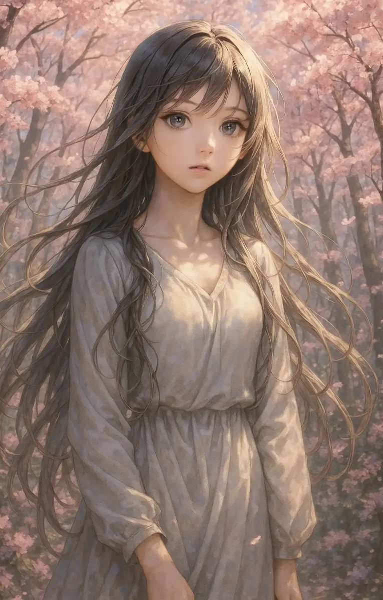 Ethereal Anime Girl in Sakura Forest A serene scene of a pastel-haired anime girl standing under a cherry blossom tree. Peaceful and pretty. Free Download Anime Wallpaper